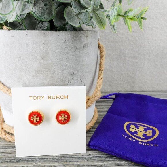 Tory Burch Kira Enamel Circle Stud Earrings Poppy Red/ Tory Gold OS - Picture 4 of 12